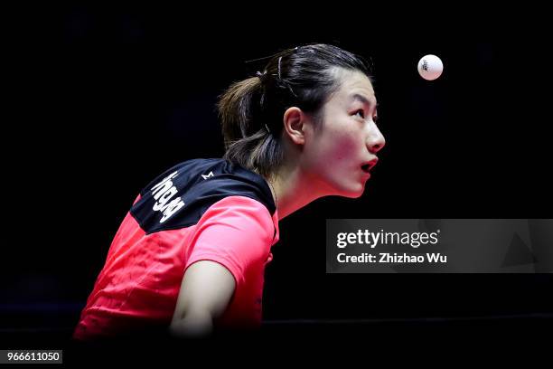 Ding Ning of China in action at the women's singles final compete with Wang Manyu of China during the 2018 ITTF World Tour China Open on June 3, 2018...