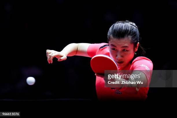 Ding Ning of China in action at the women's singles final compete with Wang Manyu of China during the 2018 ITTF World Tour China Open on June 3, 2018...