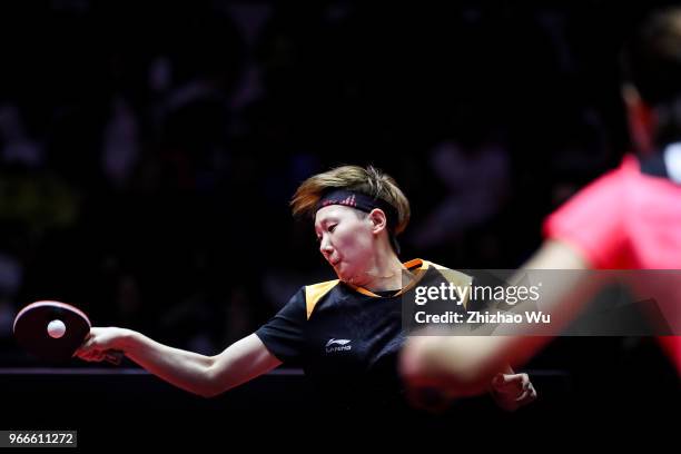 Wang Manyu of China in action at the women's singles final compete with Ding Ning of China during the 2018 ITTF World Tour China Open on June 3, 2018...
