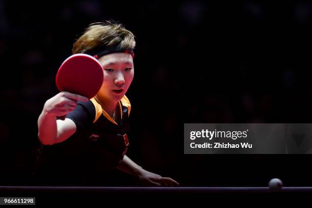 Wang Manyu of China in action at the women's singles final compete with Ding Ning of China during the 2018 ITTF World Tour China Open on June 3, 2018...