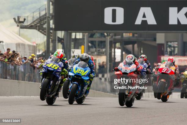 The first lap of the MotoGP Oakley Grand Prix of Italy, at International Circuit of Mugello, on May 31, 2018 in Mugello, Italy