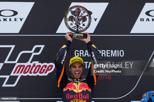 Miguel Oliveira of Red Bull KTM Ajo celebrate the victory of of the Moto 2 Oakley Grand Prix of Italy, at International Circuit of Mugello, on May...