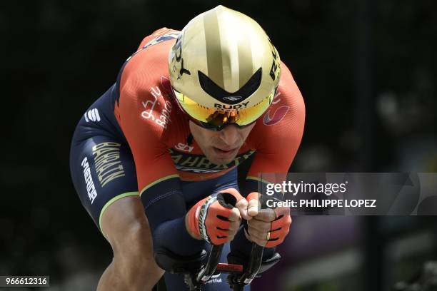 Italy's Vincenzo Nibali rides during a 6,6 km individual time-trial, the prologue of the 70th edition of the Criterium du Dauphine cycling race on...