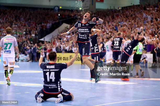 Lasse Svan of Flensburg-Handewitt celebrate winning the german championship after the DKB HBL Bundesliga match between SG Flensburg-Handewitt and...