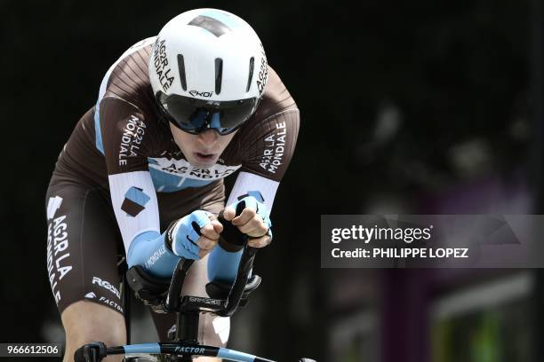 France's Romain Bardet rides during a 6,6 km individual time-trial, the prologue of the 70th edition of the Criterium du Dauphine cycling race on...