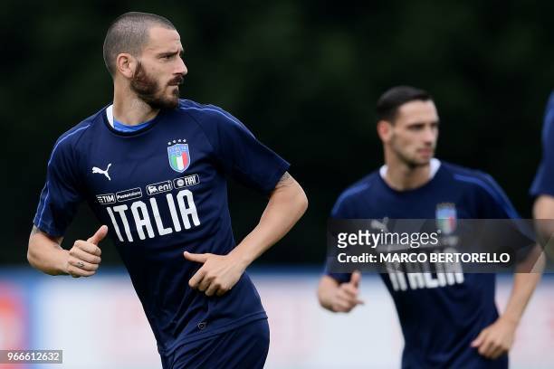 Italy's national team defender Leonardo Bonucci attends a training session on the eve of the international friendly football match between Italy and...
