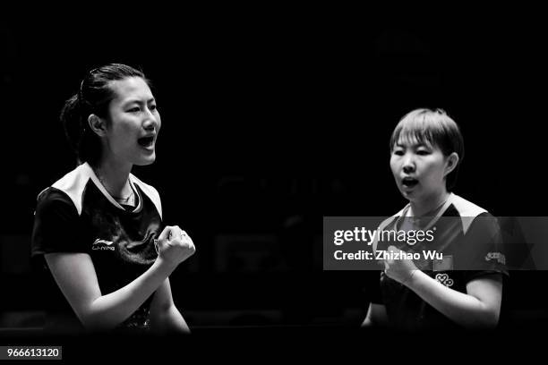 Ding Ning and Zhu Yuling of China in action at the women's doubles final compete with Jeon Jihee and Yang Haeun of South Korea during the 2018 ITTF...