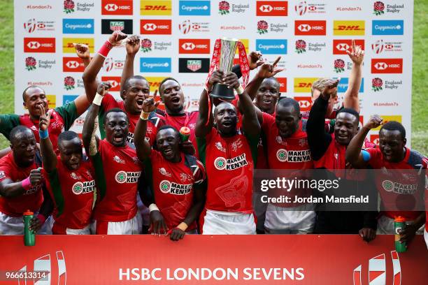 Kenya lift the trophy after winning hte Challenge Tophy Final match between Kenya and Wales on day two of the HSBC London Sevens at Twickenham...