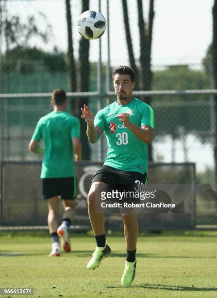Jamie McLaren of Australia heads the ball during the Australian Socceroos Training Session at the Gloria Football Club on June 3, 2018 in Antalya,...