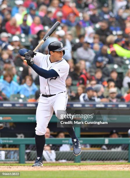 Mikie Mahtook of the Detroit Tigers bats during game one of a double header against the Seattle Mariners at Comerica Park on May 12, 2018 in Detroit,...
