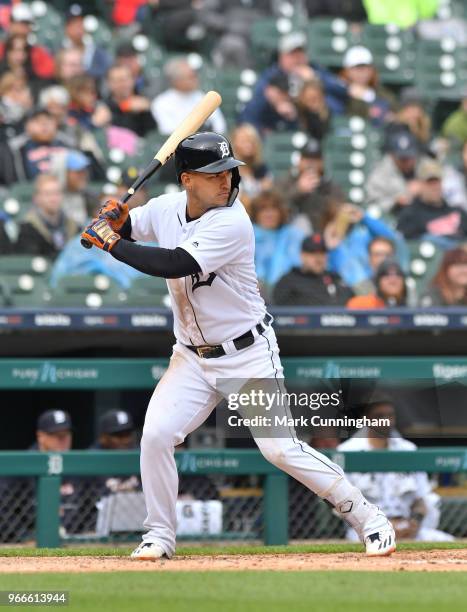 Jose Iglesias of the Detroit Tigers bats during game one of a double header against the Seattle Mariners at Comerica Park on May 12, 2018 in Detroit,...