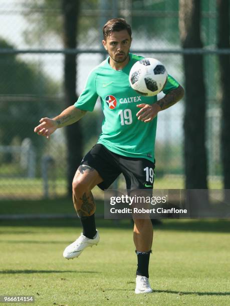 Josh Risdon of Australia controls the ball during the Australian Socceroos Training Session at the Gloria Football Club on June 3, 2018 in Antalya,...