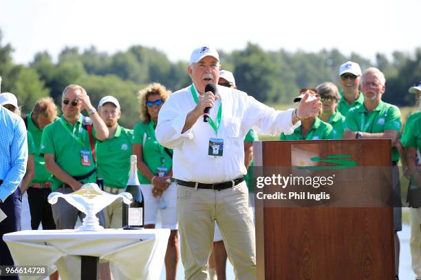 Klaus Jepsen CEO Shipco addresses the spectators at the prize presentation on day three of The Shipco Masters Promoted by Simons Golf Club at Simon's...