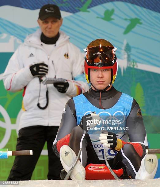 Felix Loch from Germany prepares to start in the men's singles luge training session at the Whistler sliding centre on February 13, 2010 during the...