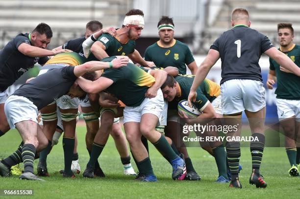 South Africa's fullback Mickael Silvester vies in a maul during the World Rugby U20 Championship match South Africa vs Ireland at the Parc des sports...