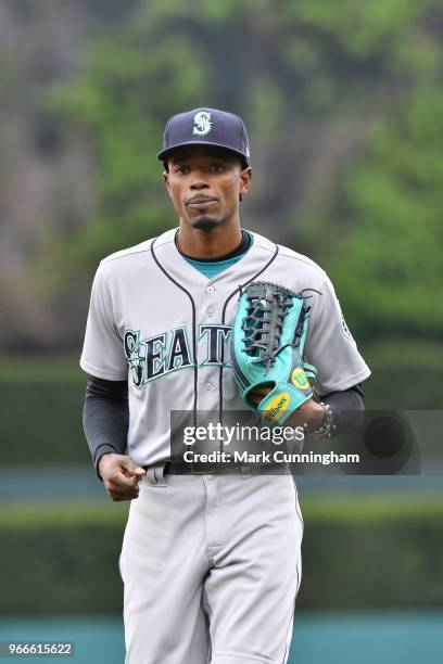 Dee Gordon of the Seattle Mariners looks on during game one of a double header against the Detroit Tigers at Comerica Park on May 12, 2018 in...