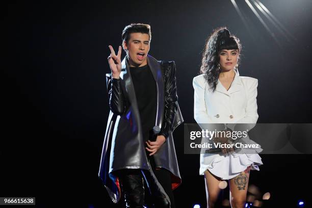 Hosts La Divaza and Mon Laferte speak on stage during the MIAW Awards 2018 at Arena Ciudad de Mexico on June 2, 2018 in Mexico City, Mexico