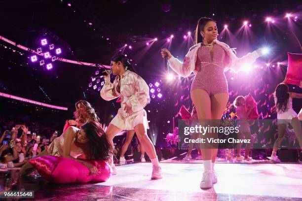 Becky G and Natti Natasha perform on stage during the MIAW Awards 2018 at Arena Ciudad de Mexico on June 2, 2018 in Mexico City, Mexico