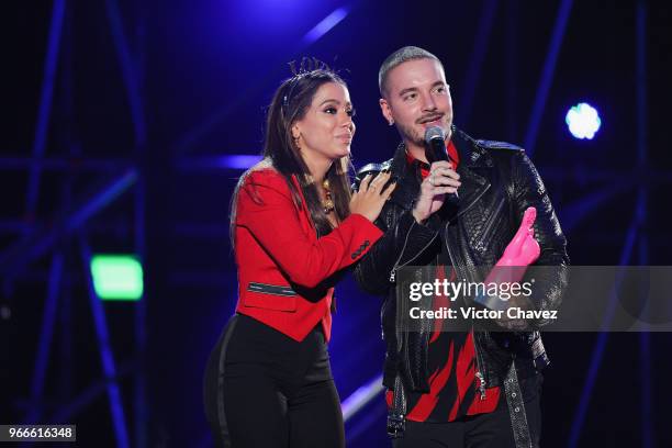 Anitta and J Balvin speak on stage during the MIAW Awards 2018 at Arena Ciudad de Mexico on June 2, 2018 in Mexico City, Mexico