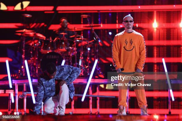 Balvin performs on stage during the MIAW Awards 2018 at Arena Ciudad de Mexico on June 2, 2018 in Mexico City, Mexico