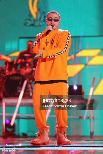 Balvin performs on stage during the MIAW Awards 2018 at Arena Ciudad de Mexico on June 2, 2018 in Mexico City, Mexico