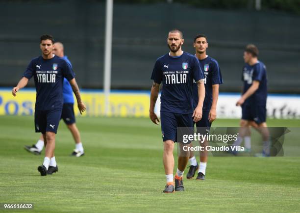 Leonardo Bonucci of Italy looks on during a Italy training session at Juventus Center Vinovo on June 3, 2018 in Vinovo, Italy.