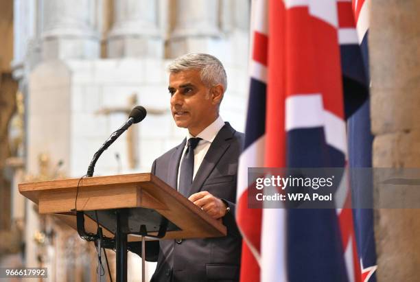 Mayor of London Sadiq Khan speaks at a service of commemoration during the first anniversary of the London Bridge terror attack on June 3, 2018 in...
