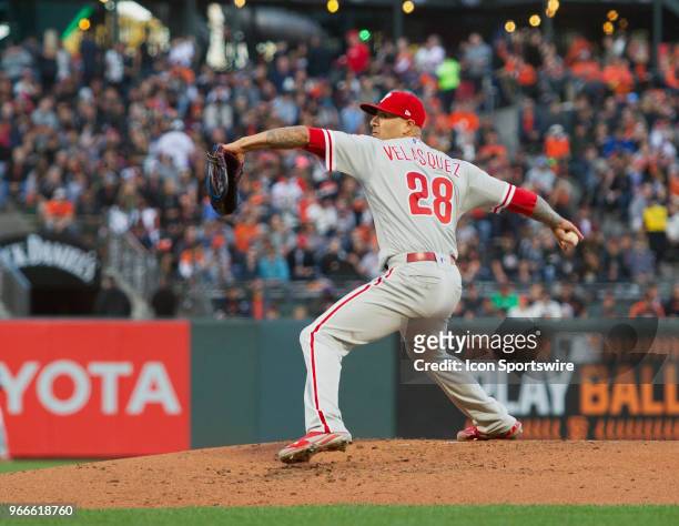 Phillies SP Vince Velasquez throws in the MLB game between the Philidelphia Phillies and the San Francisco Giants on June 02, 2018 at AT&T Park in...