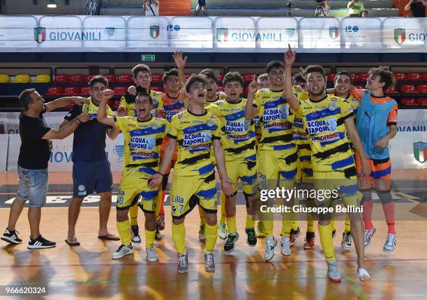 Player of Acquaesapone celebrate the victory after "Finali Nazionali Allievi e Giovanissimi Calcio a Cinque" Youth Soccer Tornament at Palazzetto...