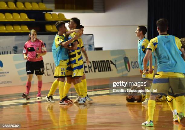 Player of Acquaesapone celebrate the victory after "Finali Nazionali Allievi e Giovanissimi Calcio a Cinque" Youth Soccer Tornament at Palazzetto...