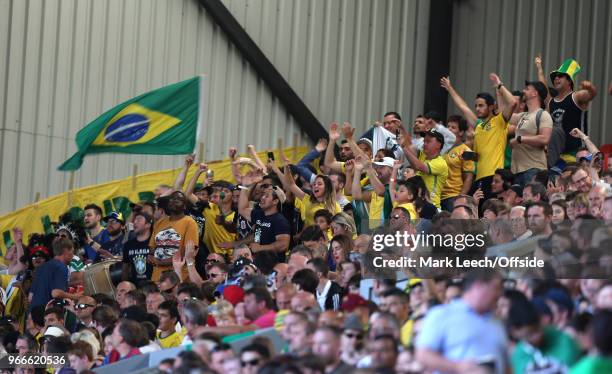 Brazilian supporters singing on the Spion Kop during the friendly international football match between Brazil and Croatia at Anfield on June 3, 2018...