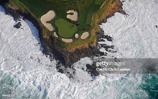 An aerial view of the 7th hole at the Pebble Beach Golf Links from the MetLife airship Snoopy II during the third round of the AT&T Pebble Beach...