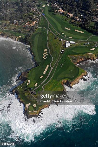 An aerial view of the Pebble Beach Golf Links from the MetLife airship Snoopy II during the third round of the AT&T Pebble Beach National Pro-Am at...