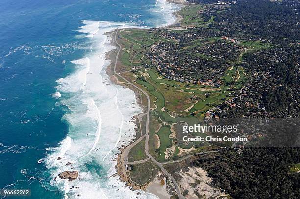 An aerial view of the Monterey Peninsula Country Club course from the MetLife airship Snoopy II during the third round of the AT&T Pebble Beach...