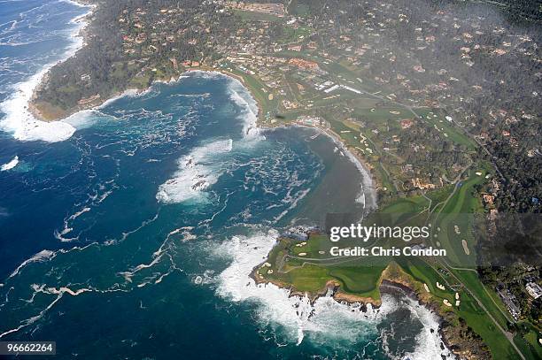 An aerial view of the Pebble Beach Golf Links from the MetLife airship Snoopy II during the third round of the AT&T Pebble Beach National Pro-Am at...