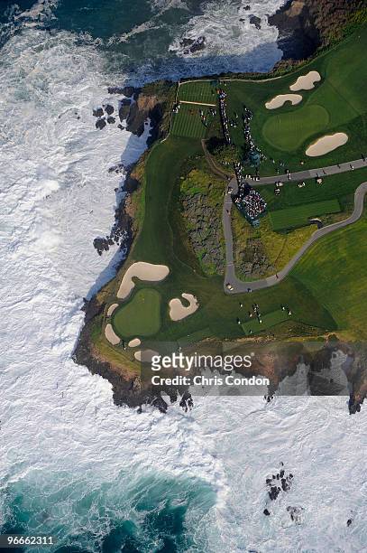 An aerial view of the 7th hole at the Pebble Beach Golf Links from the MetLife airship Snoopy II during the third round of the AT&T Pebble Beach...