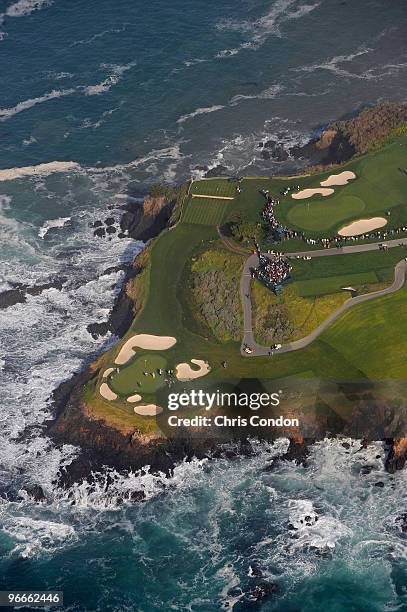 An aerial view of holes, 7 & 8 of the Pebble Beach Golf Links from the MetLife airship Snoopy II during the third round of the AT&T Pebble Beach...