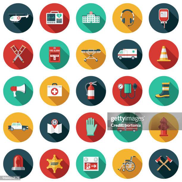 ilustraciones, imágenes clip art, dibujos animados e iconos de stock de conjunto de iconos de diseño plano de los servicios de emergencia con sombra lateral - guantes de goma