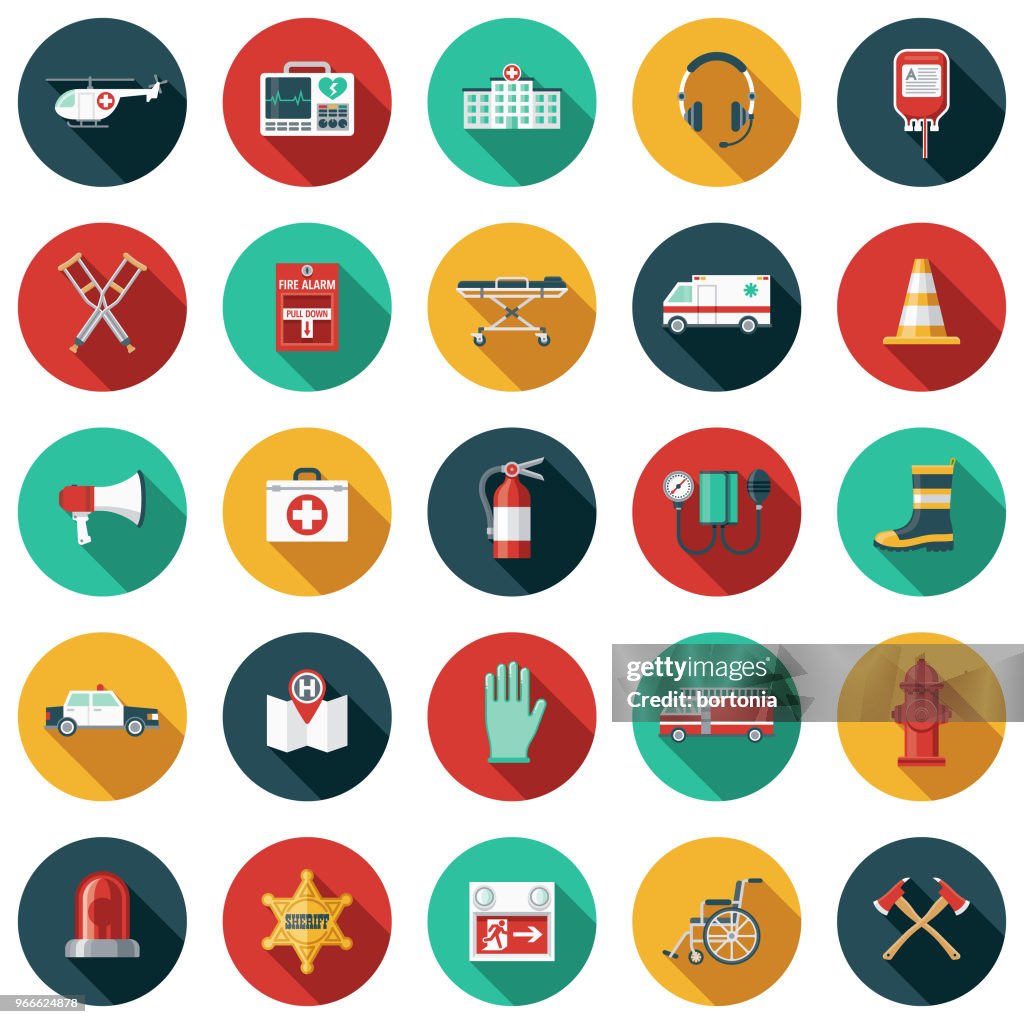 Emergency Services Flat Design Icon Set with Side Shadow