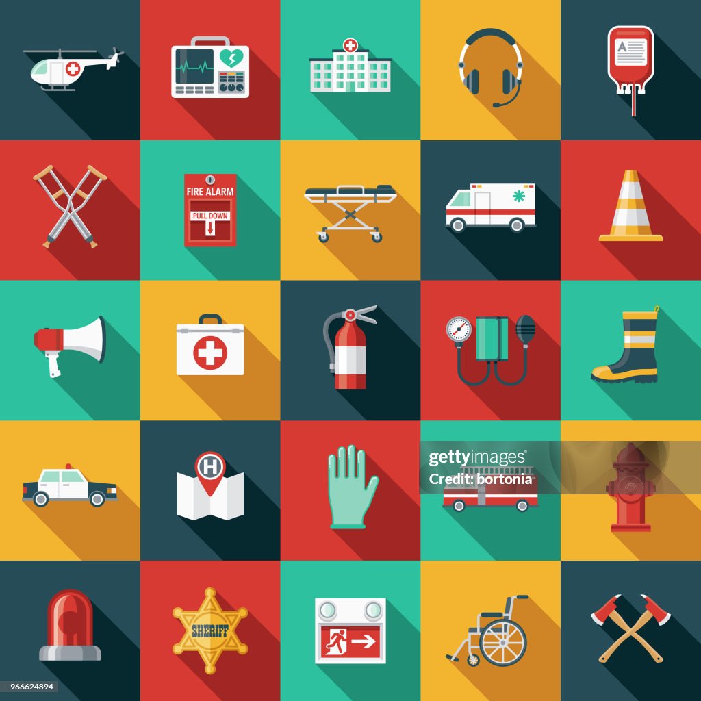 Emergency Services Flat Design Icon Set with Side Shadow