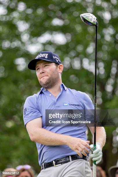Branden Grace of South Africa tees off during the final round of the Memorial Tournament at Muirfield Village Golf Club in Dublin, Ohio on June 03,...