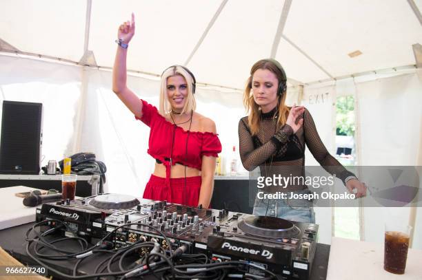 Ashley James and Charlotte de Carle on the DJ decks at Mighty Hoopla festival at Brockwell Park on June 3, 2018 in London, England.