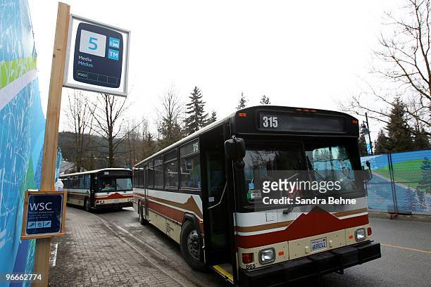 General view of the of the media transport at the Whistler Media Centre during the Vancouver 2010 Winter Olympics on February 13, 2010 in Whistler,...