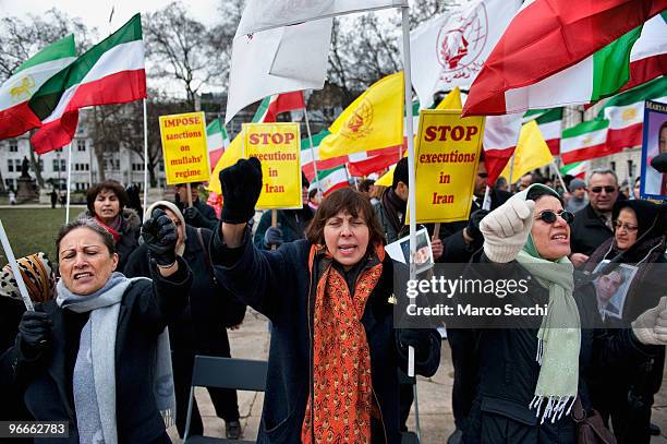 Members of the Iranian Community in London rally in Parliament Square in support of anti government protestors in Iran on February 13, 2010 in...