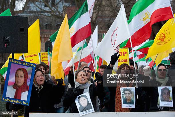 Members of the Iranian Community in London rally in Parliament Square in support of anti government protestors in Iran on February 13, 2010 in...
