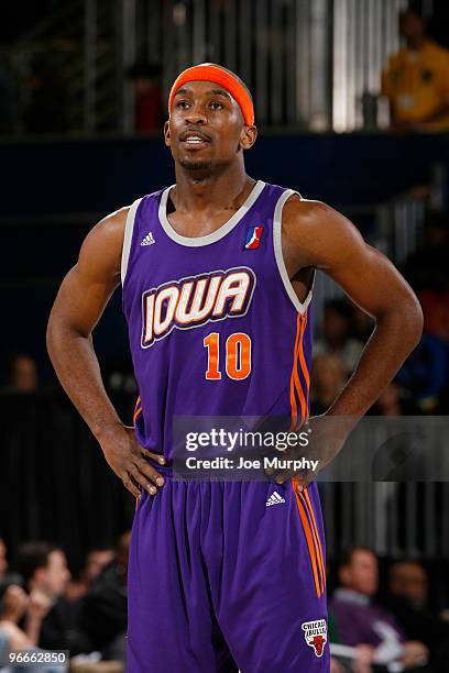 Curtis Stinson of the East All-Star Team reacts to a play against the West All-Star Team during the NBA D-League All-Star Game on center court at Jam...