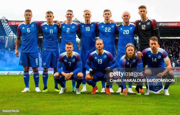 Iceland's defender Ragnar Sigurdsson, Iceland's forward Alfred Finnbogason, Iceland's defender Birkir Saevarsson, Iceland's defender Hordur Bjorgvin...