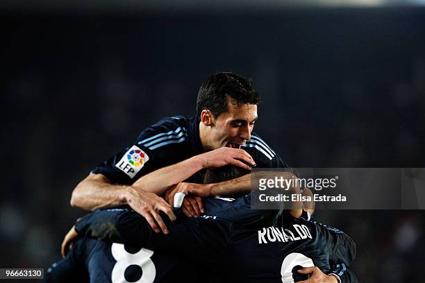 Alvaro Arbeloa of Real Madrid celebrates with his team mates the second goal of his team during the La Liga match between Xerez CD and Real Madrid at...