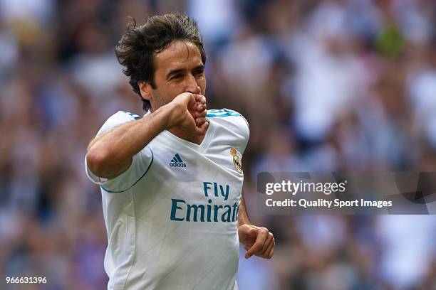 Raul Gonzalez Blanco of Real Madrid Legends celebrates scoring his team's first goal during the Corazon Classic match between Real Madrid Legends and...