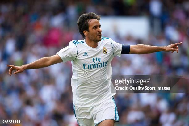 Raul Gonzalez Blanco of Real Madrid Legends celebrates scoring his team's first goal during the Corazon Classic match between Real Madrid Legends and...